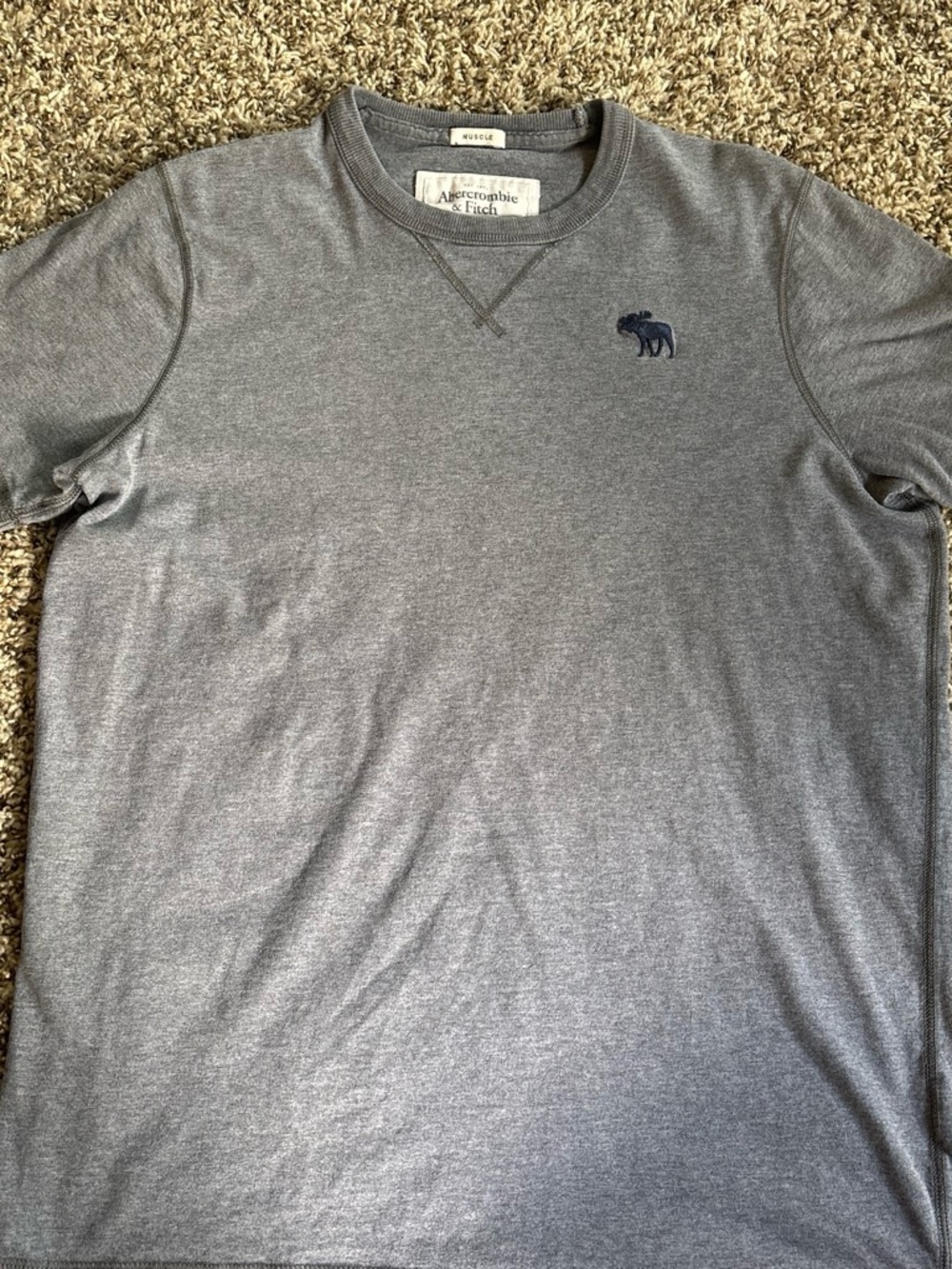 Abercrombie & Fitch Men's Heather Gray Short Sleeve Crew Tee with Navy Logo